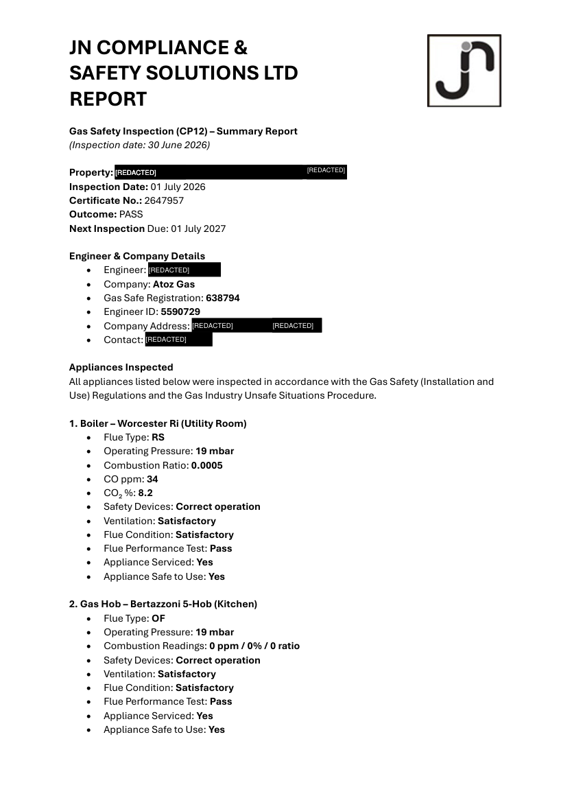 Gas Safety (CP12) — JN summary report preview