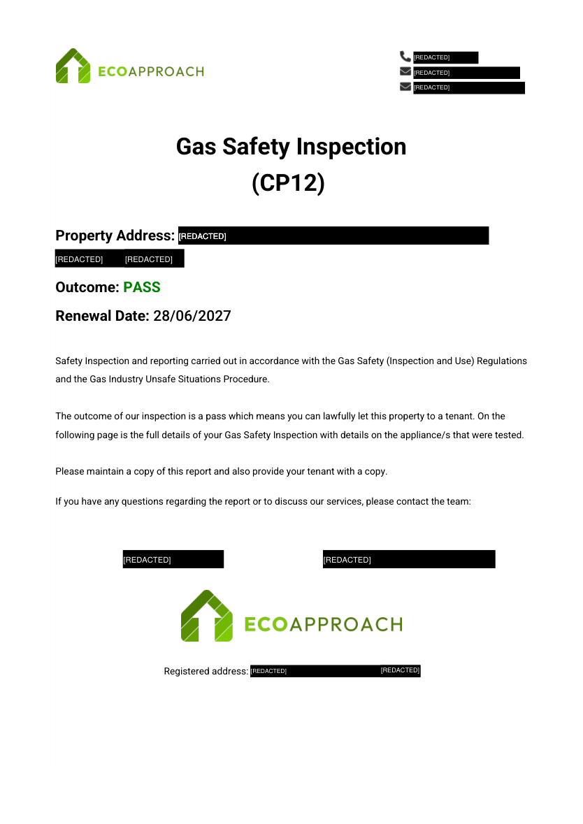 Gas Safety (CP12) — engineer certificate preview