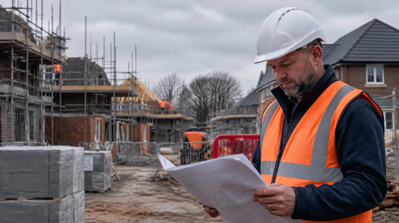 Site manager reviewing plans on a live North West construction site